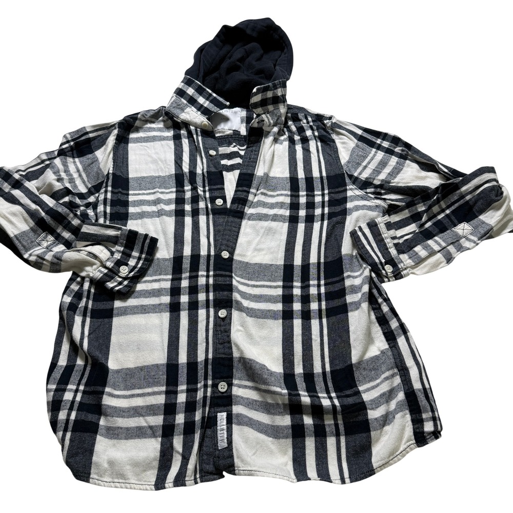 Hollister Hooded Flannel Shirt Mens Large Black White Plaid Long Sleeve Button